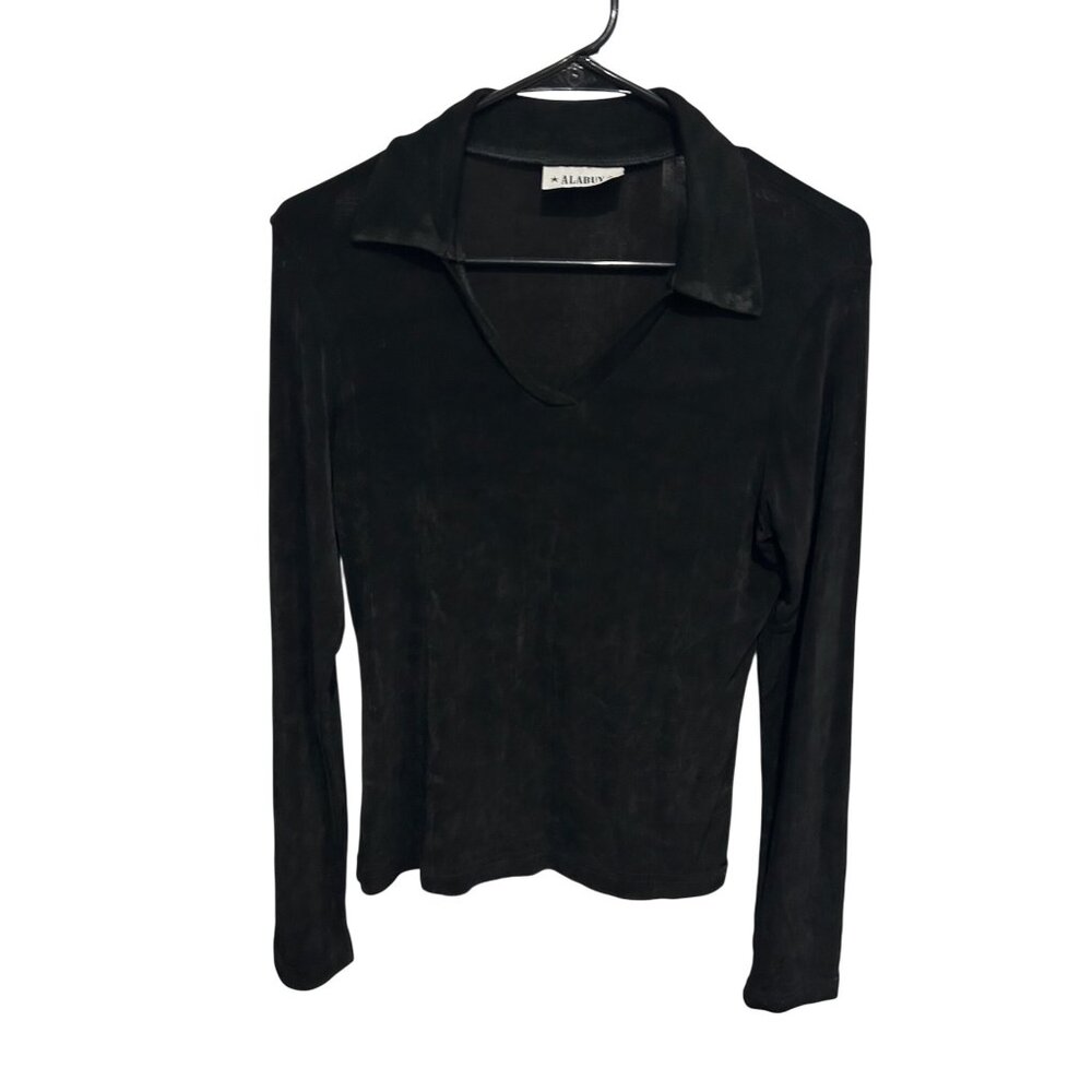 Alabuy Black Velvet Stretch Long Sleeve Collared V-Neck Top Retro Romantic Goth